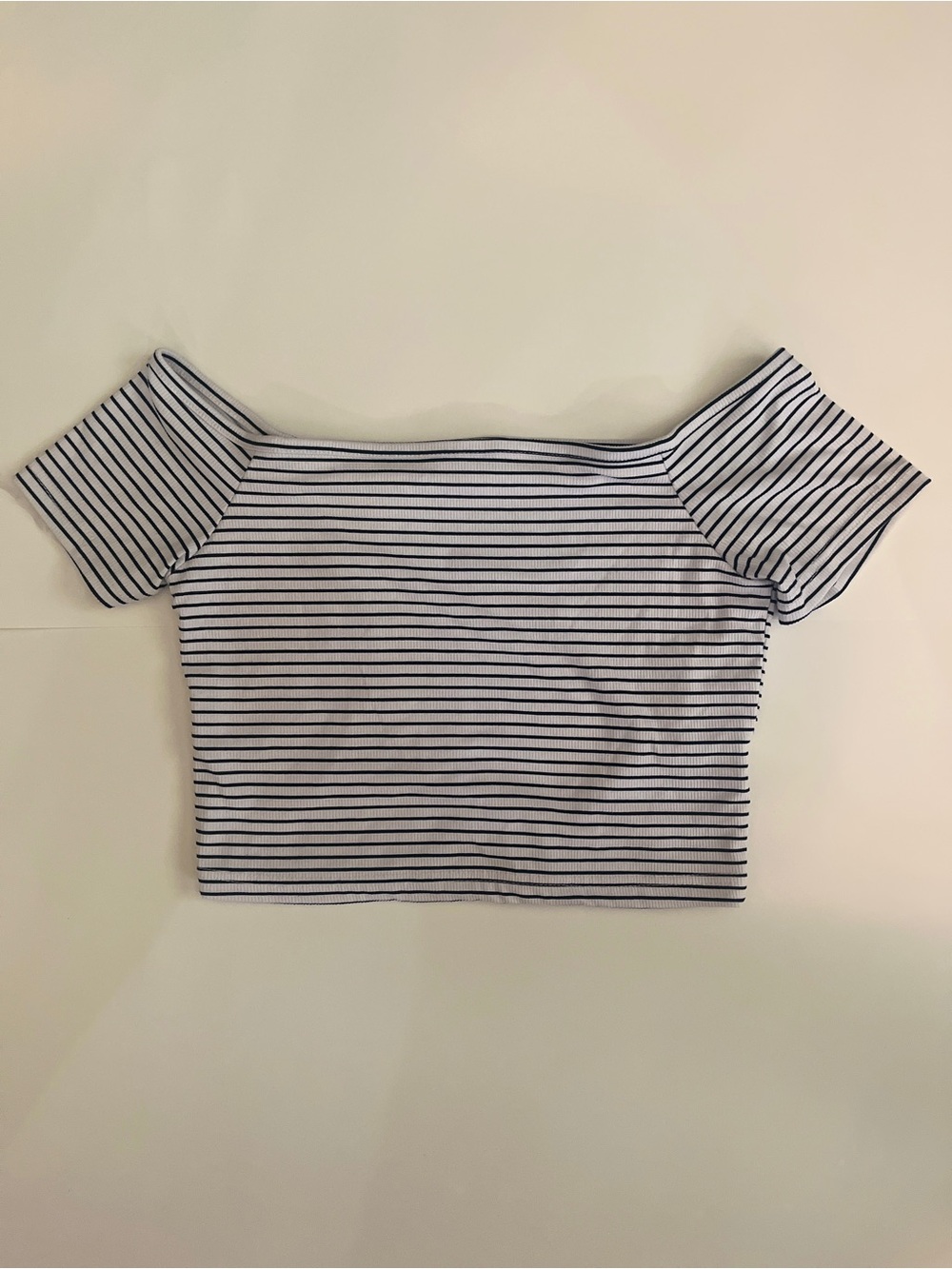 Off-Shoulder Striped Crop Top in White and Navy